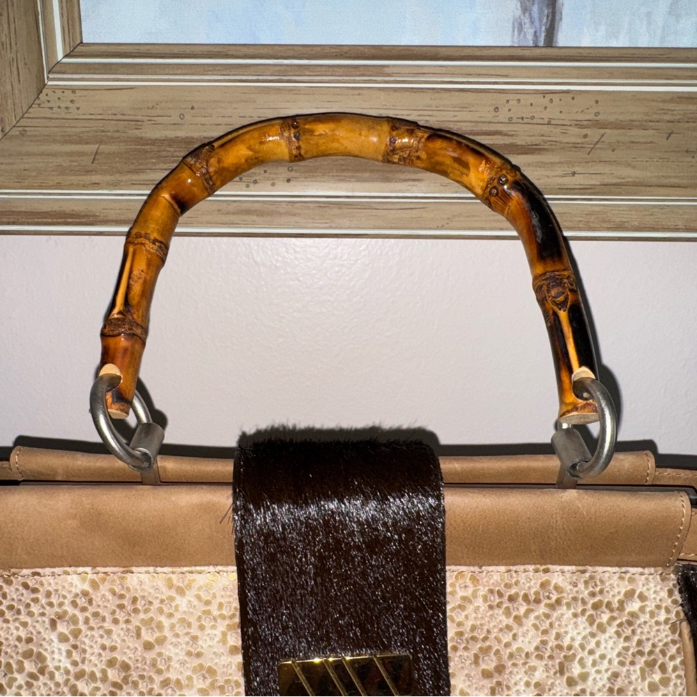 Andalossi NWT Golden Meadow Cappuccino leather calf hair bamboo crossbody bag - Picture 7 of 16